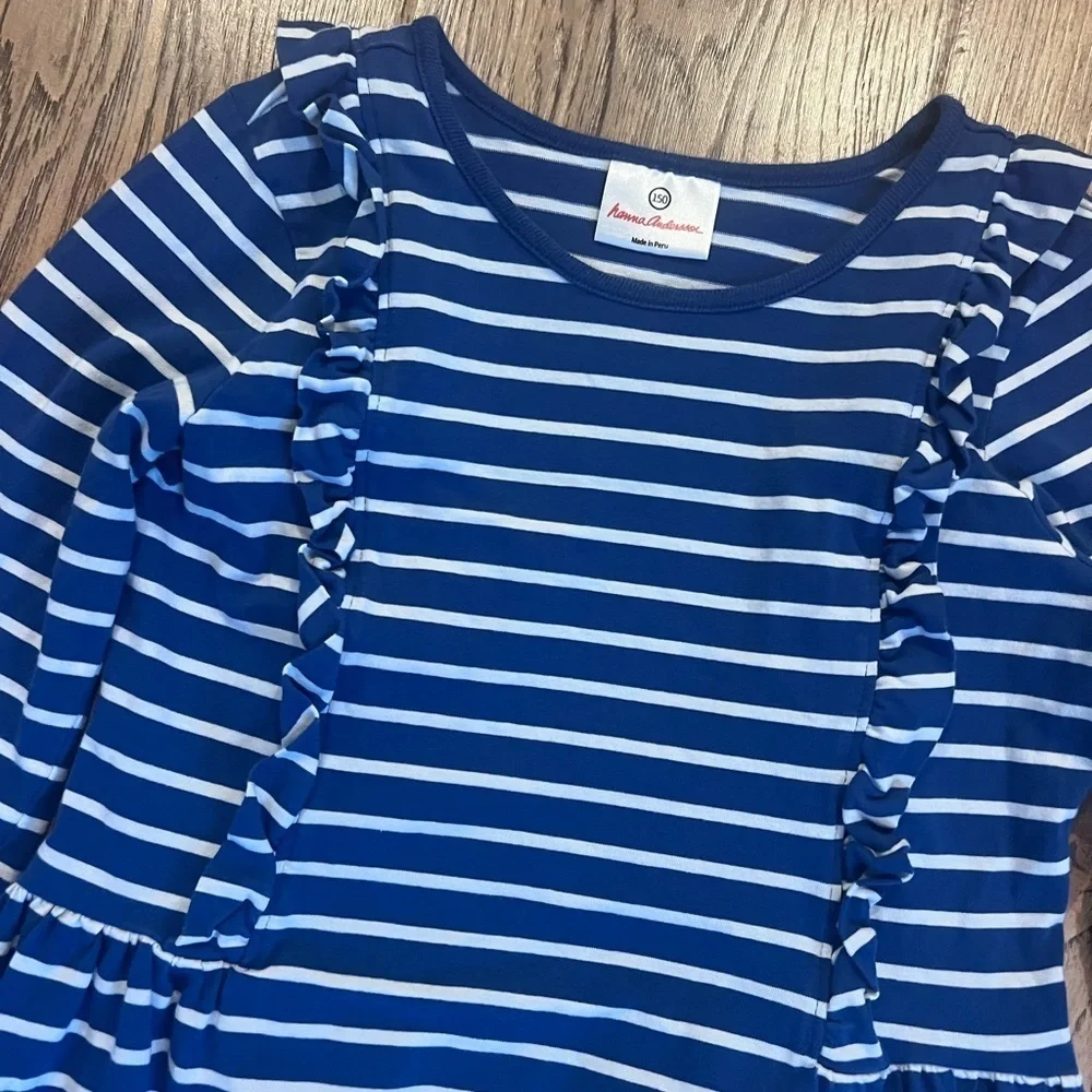 HANNA ANDERSON Long Sleeve Striped Blue White Dress Sz 12/150 EUC